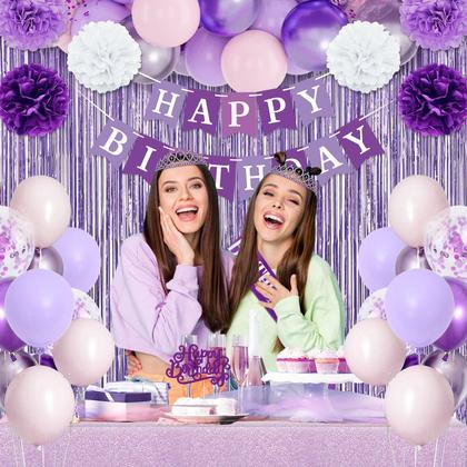 Imagem de Decorações de aniversário roxas, decorações de festa roxas, balões rosa e roxos, banner de feliz aniversário, faixa de aniversário e coroa, cortina com franjas, pompons de papel para crianças, mulheres e meninas, decoração de aniversário
