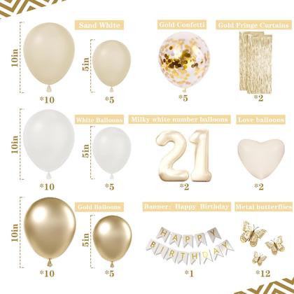 Imagem de Decorações de aniversário Slyfo 21: balões brancos/dourados, banners