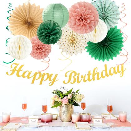 Imagem de Decorações de festa Huglony Sage Green Rosa Bege Gold 21 unidades