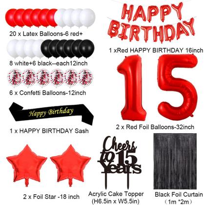 Imagem de Decorações vermelhas de 15 anos da Santonila, banner de feliz aniversário, Sash Cheers To 15 Years Cake Topper Number 15, confete, balões de látex, cortinas com franjas de papel alumínio preto para meninas e mulheres, festa de aniversário de 15 anos