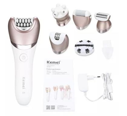 Imagem de Depilador Elétrico Com Limpeza Facial Kemei Kit 5 in 1 Uso Seco e Molhado Com 2 Velocidades