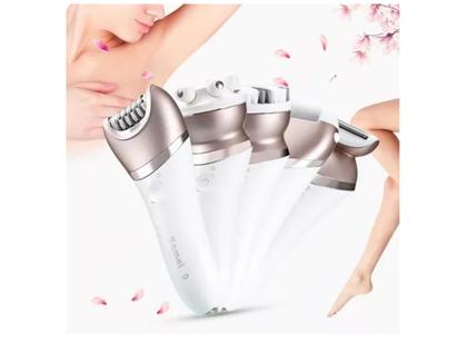 Imagem de Depilador Elétrico Com Limpeza Facial Kemei Kit 5 in 1 Uso Seco e Molhado Com 2 Velocidades