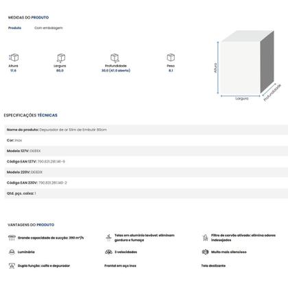 Imagem de Depurador Exaustor De Embutir 80cm Inox De81ix Suggar 127v