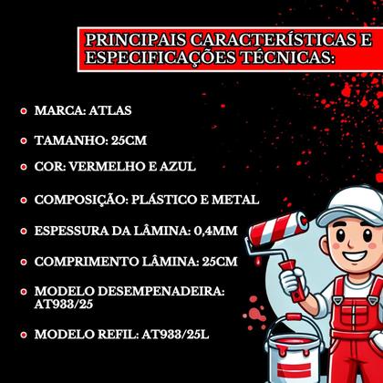 Imagem de Desempenadeira Aço Inox 25cm + Refil Lâmina Ferro Atlas Massa Corrida Cimento Queimado Tipo Berox