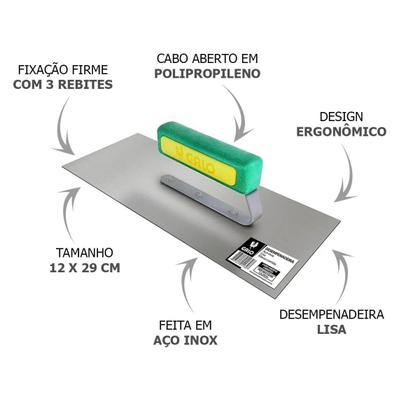 Imagem de Desempenadeira Aço Inox Lisa 12x29cm Cabo Aberto Galo