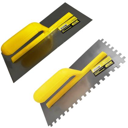 Imagem de Desempenadeira Aço Lisa Dentada com Cabo de Plastico Cimento Queimado Massa de Pedreiro Construção Civil Obra Reboco Massa