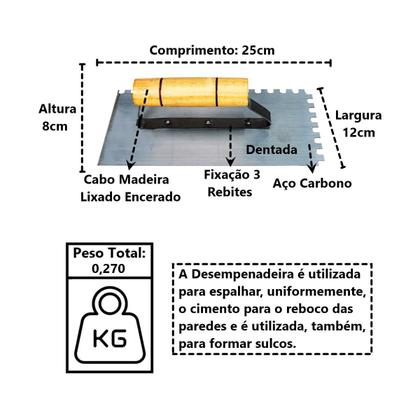 Imagem de Desempenadeira Dentada em Aço Carbono Cimento Reboco 25x12cm