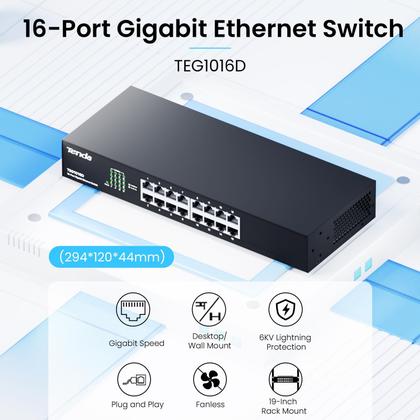 Imagem de Desktop não gerenciado de 16 portas com switch Gigabit Tenda TEG1016D