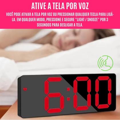 Imagem de Despertador Digital c/ Tela Grande LED Voz Data Temperatura Pilha/USB Relógio Brilho Mesa Display Comando Voz