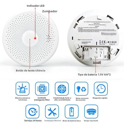 Imagem de Detector De Fumaça E Monóxido De Carbono Inteligente WiFi Tuya 2 Em 1 Com Sensor De Som PIR Para