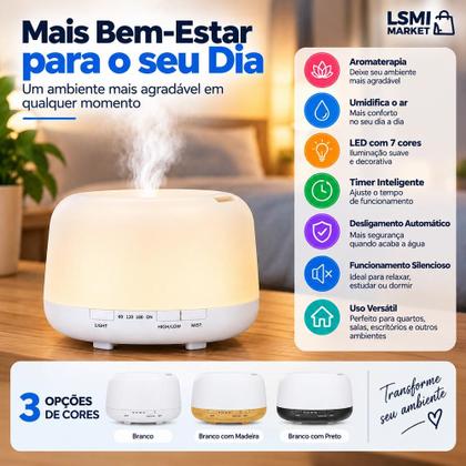 Imagem de Difusor de Óleo Essencial Ultrassônico Umidificador e Aromatizador 300ml Led