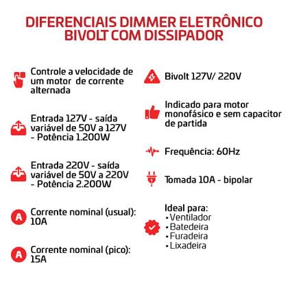 Imagem de Dimmer Eletrônico Controlador de Velocidade Para Parafusadeira Esmilhadeira Lixadeira Bivolt Com Dissipador
