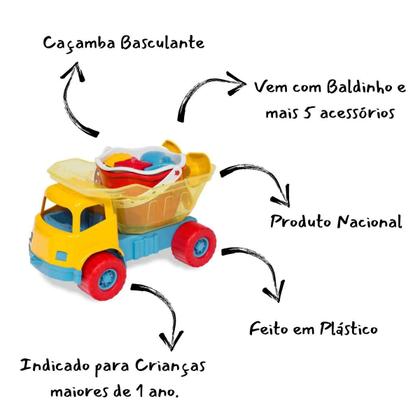 Imagem de Dino Praia Com Baldico Cardoso - Brinquedo Carrinho Caminhão Basculante + Rastelo Balde Pá Forminhas