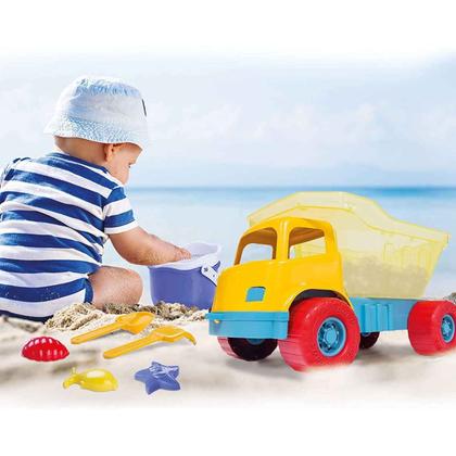 Imagem de Dino Praia Com Baldico Cardoso - Brinquedo Carrinho Caminhão Basculante + Rastelo Balde Pá Forminhas