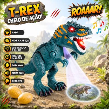 Imagem de Dinossauro Verde de Brinquedo que Bota Ovos Tiranossauro Rex que Anda com Som e Luz