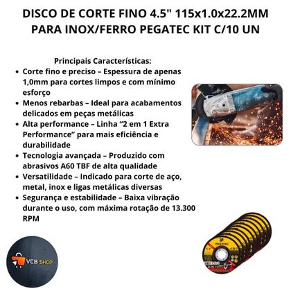 Imagem de Disco corte fino 4 1/2 115x1.0x22,2mm inox / ferro pegatec kit c/10 un