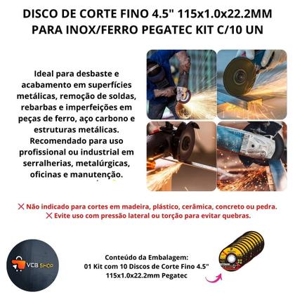 Imagem de Disco corte fino 4 1/2 115x1.0x22,2mm inox / ferro pegatec kit c/10 un