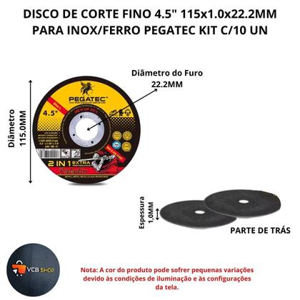 Imagem de Disco corte fino 4 1/2 115x1.0x22,2mm inox / ferro pegatec kit c/10 un