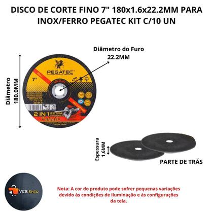 Imagem de Disco corte fino 7" 180x1.6.x22.2mm inox / ferro pegatec kit c/10 un