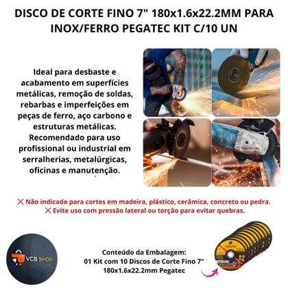Imagem de Disco corte fino 7" 180x1.6.x22.2mm inox / ferro pegatec kit c/10 un