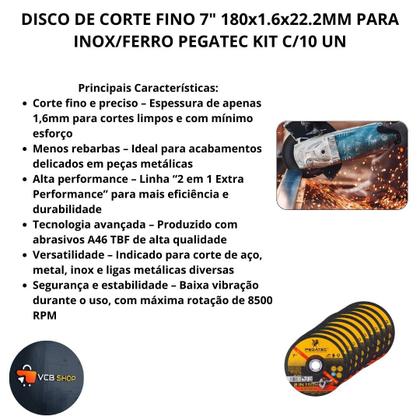 Imagem de Disco corte fino 7" 180x1.6.x22.2mm inox / ferro pegatec kit c/10 un