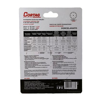 Imagem de Disco de Corte Diamantado Turbo Fino 110 MM Porcelanato Cortag 3 Unidades