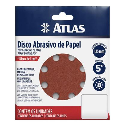 Imagem de DISCO DE LIXA COM tiras autocolantes 125MM GRÃO 100 KIT COM 5 UNIDADES ATLAS