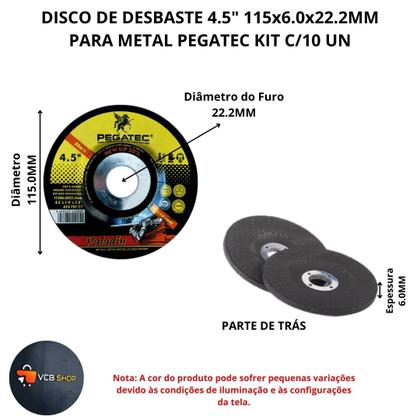Imagem de DISCO DESBASTE 4 1/2" 115x6.0x22.2MM P/METAL PEGATEC KIT C/10 UN