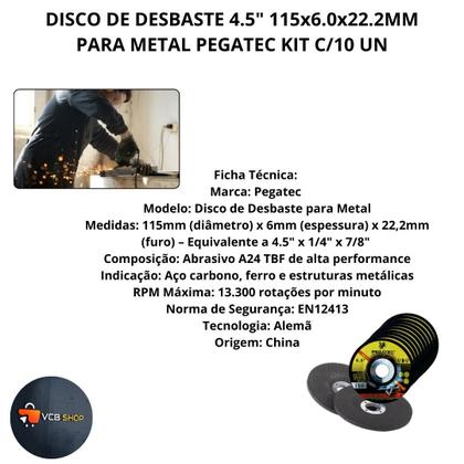 Imagem de DISCO DESBASTE 4 1/2" 115x6.0x22.2MM P/METAL PEGATEC KIT C/10 UN