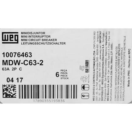Imagem de Disjuntor 63A Bipolar Curva C Weg C63 Mini DIN 5kA MDW