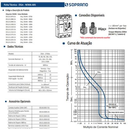Imagem de Disjuntor Caixa Moldada Dsjn3 600Vca Com Borne Linha Nema 200A - Soprano