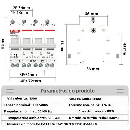Imagem de Disjuntor De Transferência Manual De Dupla Alimentação 40A 63A MTS Interruptor De Trilho Din 1P 2P