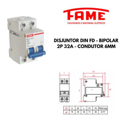 Imagem de Disjuntor Din FD - Bipolar 2P 32A - Condutor 6mm - Fame