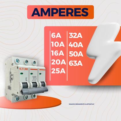 Imagem de Disjuntor Tripolar Din MCB 3KA 3 Polos 10A até 63A Curva C Termomagnético Etek