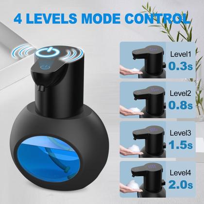 Imagem de Dispensador automático de sabão espumante de 15 onças/420 ml, desinfetante para mãos espumante, suporte de parede sem toque com 4 níveis, dispensador de sabonete elétrico de toque livre ajustável com sensor para cozinha e banheiro preto