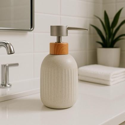 Imagem de Dispenser Bath Granos Porta Sabonete líquido lines lyor porcelana Bandeja Bambu banheiro Lavabo