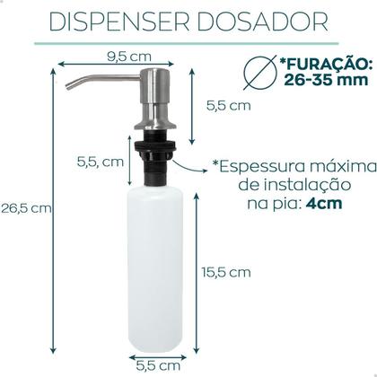 Imagem de Dispenser Dosador de Detergente Aço Inox Escovado 350ml Porta Detergente De Embutir Pia Cozinha Porta Sabonete Liquido Embutido Bancada Banheiro