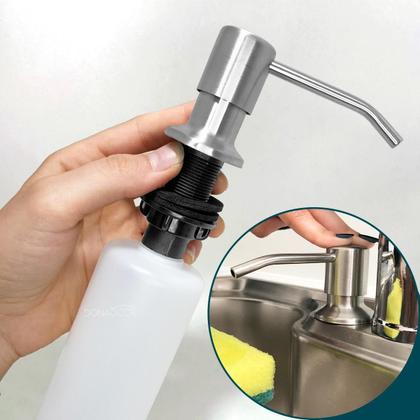 Imagem de Dispenser Dosador de Detergente Aço Inox Escovado 350ml Porta Detergente De Embutir Pia Cozinha Porta Sabonete Liquido Embutido Bancada Banheiro