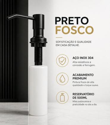 Imagem de Dispenser Dosador de Embutir Preto Fosco Pia Cozinha Banheiro Metal Aço Inox 304
