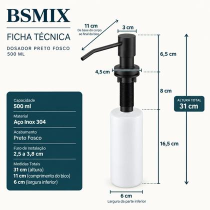 Imagem de Dispenser Embutir Pia Inox 304 Preto Fosco 500ml Abastecimento Superior Furo 2,5 a 3,8 cm