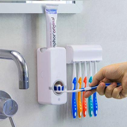 Imagem de Dispenser Pasta De Dente Automatico E Porta Escovas Suporte Banheiro Cor Branca