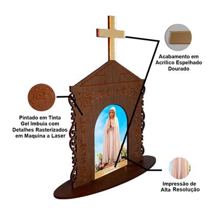 Imagem de Display Enfeite de Mesa Religioso Capelinha Oratório Nossa Senhora de Fátima 20cm Mdf Madeira Imbuia
