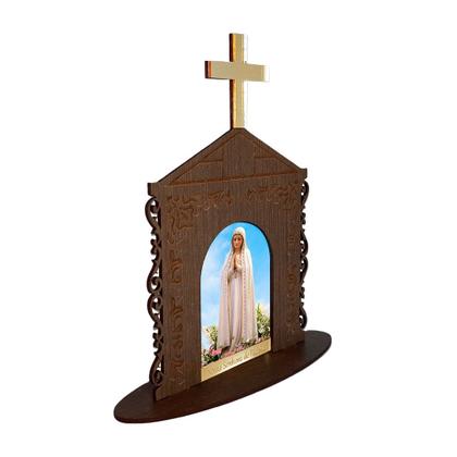 Imagem de Display Enfeite de Mesa Religioso Capelinha Oratório Nossa Senhora de Fátima 20cm Mdf Madeira Imbuia