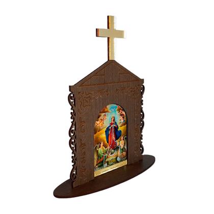 Imagem de Display Enfeite de Mesa Religioso Capelinha Oratório Ns Desatadora de Nós 20cm Mdf Madeira Imbuia