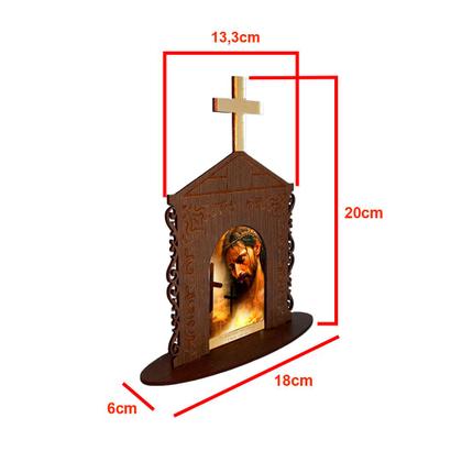 Imagem de Display Enfeite de Mesa Religioso Capelinha Oratório Pai em Tuas Mãos 20cm Mdf Madeira Imbuia