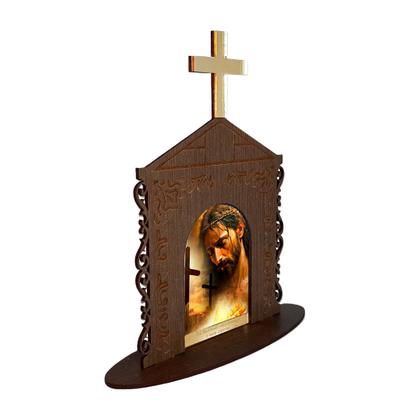 Imagem de Display Enfeite de Mesa Religioso Capelinha Oratório Pai em Tuas Mãos 20cm Mdf Madeira Imbuia