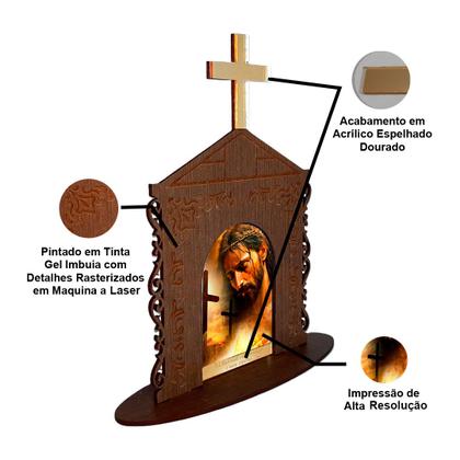Imagem de Display Enfeite de Mesa Religioso Capelinha Oratório Pai em Tuas Mãos 20cm Mdf Madeira Imbuia