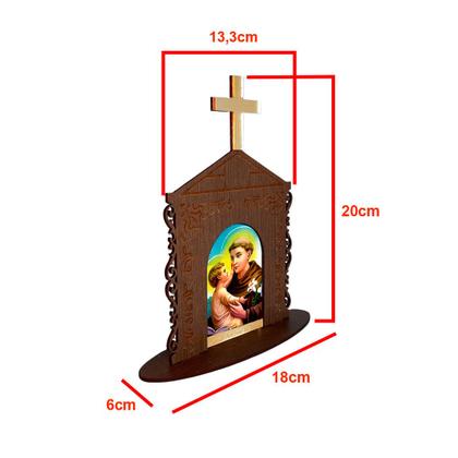 Imagem de Display Enfeite de Mesa Religioso Capelinha Oratório Santo Antônio de Padua 20cm Mdf Madeira Imbuia