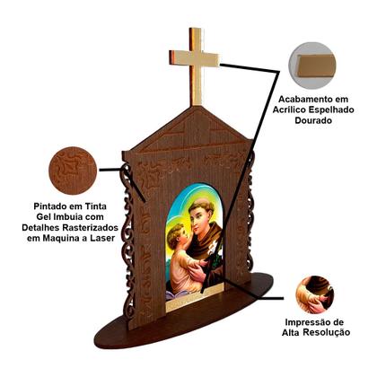 Imagem de Display Enfeite de Mesa Religioso Capelinha Oratório Santo Antônio de Padua 20cm Mdf Madeira Imbuia