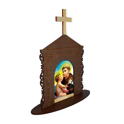 Imagem de Display Enfeite de Mesa Religioso Capelinha Oratório Santo Antônio de Padua 20cm Mdf Madeira Imbuia